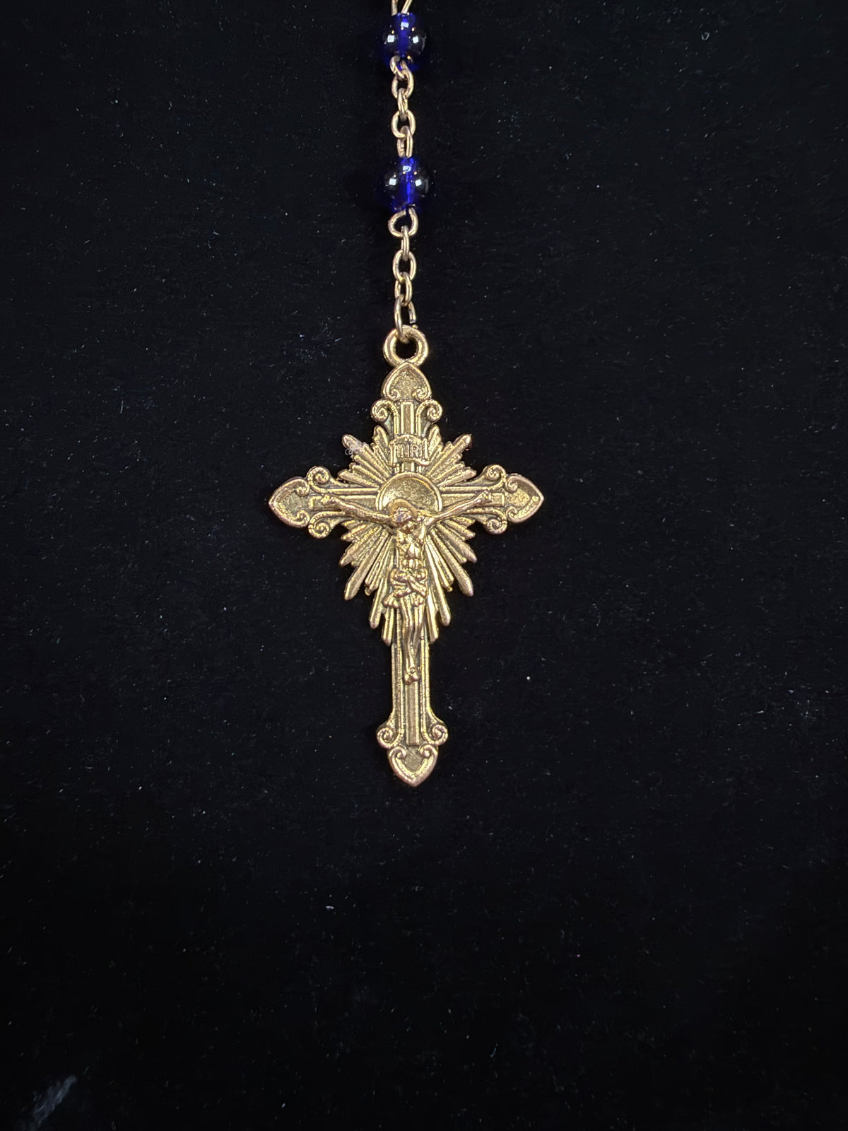 Vintage Rosary - Ornate Gold Tone Saint Michael Pendant with Blue Beads