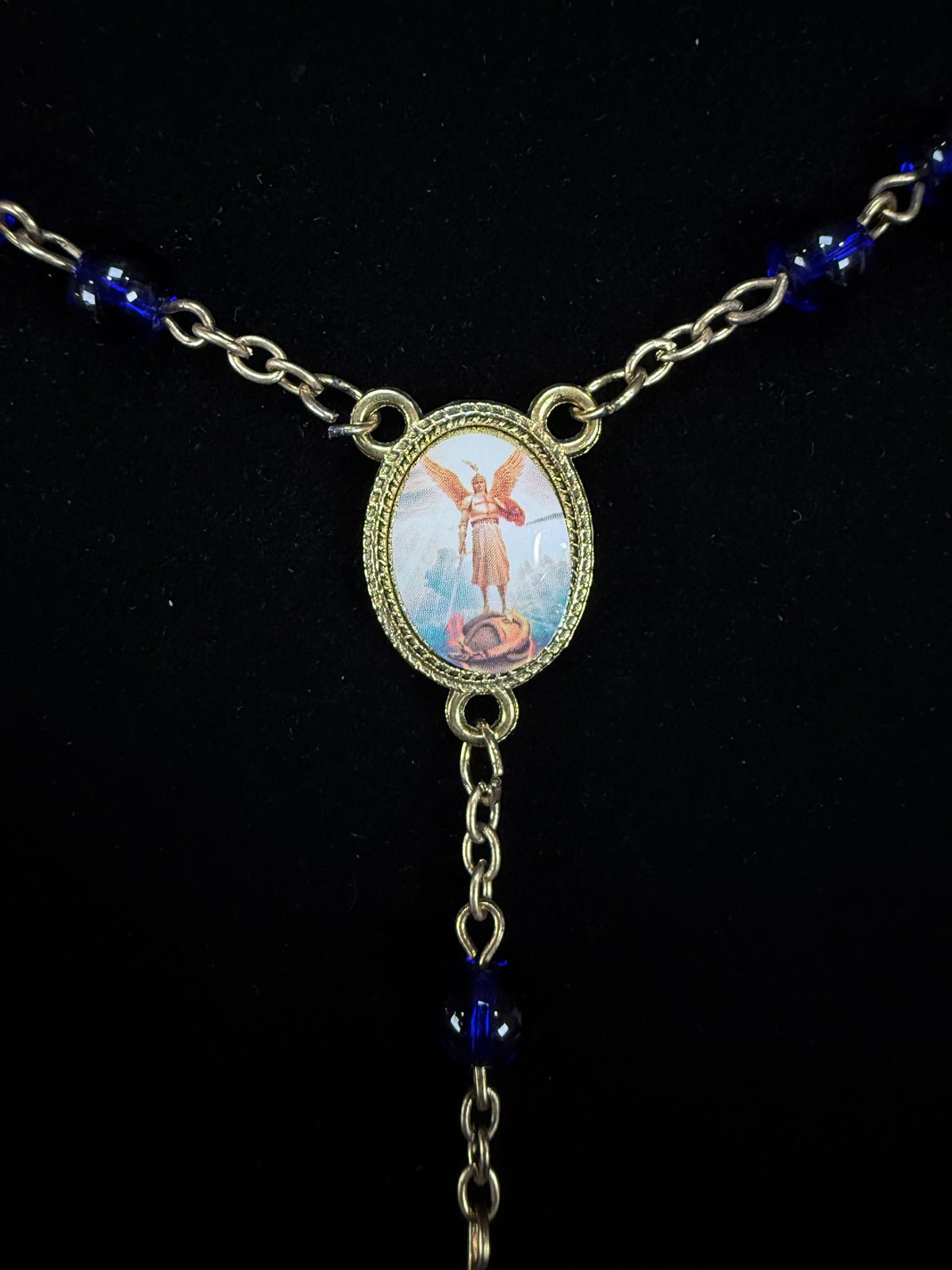 Vintage Rosary - Ornate Gold Tone Saint Michael Pendant with Blue Beads