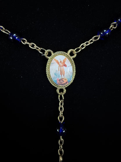 Vintage Rosary - Ornate Gold Tone Saint Michael Pendant with Blue Beads