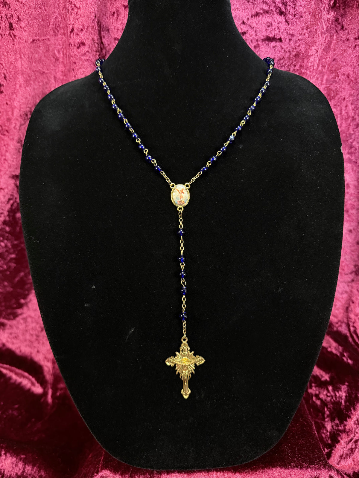 Vintage Rosary - Ornate Gold Tone Saint Michael Pendant with Blue Beads