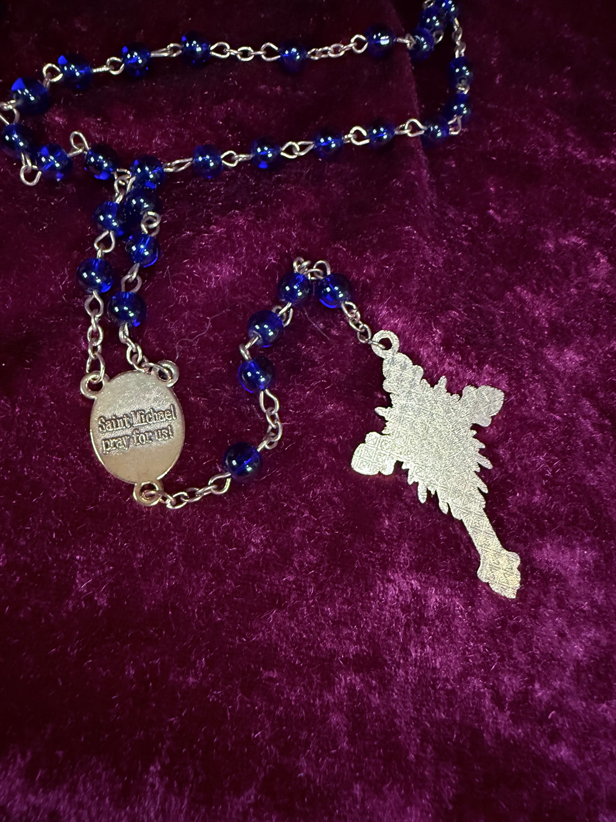 Vintage Rosary - Ornate Gold Tone Saint Michael Pendant with Blue Beads