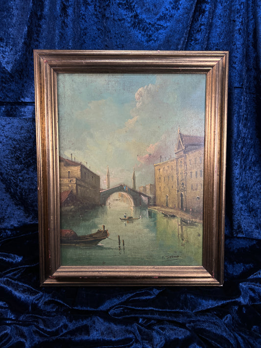 Vintage Oil on Canvas Painting - Signed Ponte di Rialto Bridge Venice Scene