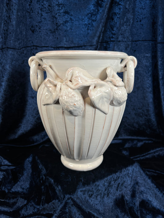 Vintage Glazed Terracotta Urn Shaped Vase - 3D Stone Fruit Motif Italian Pottery