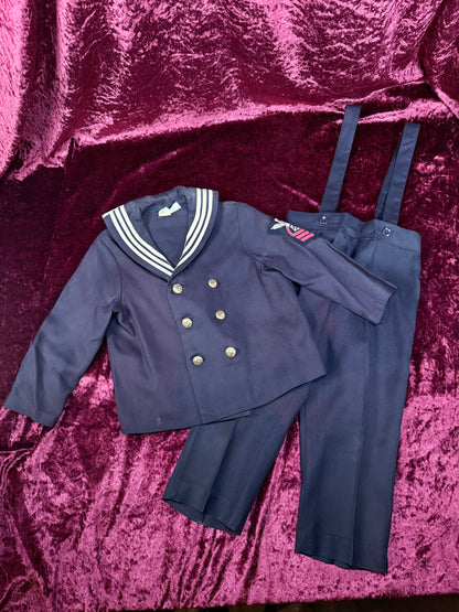 Vintage Childrens Cracker Jack Sailor Uniform - Jacket and Pants - Nautical Gold Buttons and Crest Detail - R. Gee Made in USA - 8T
