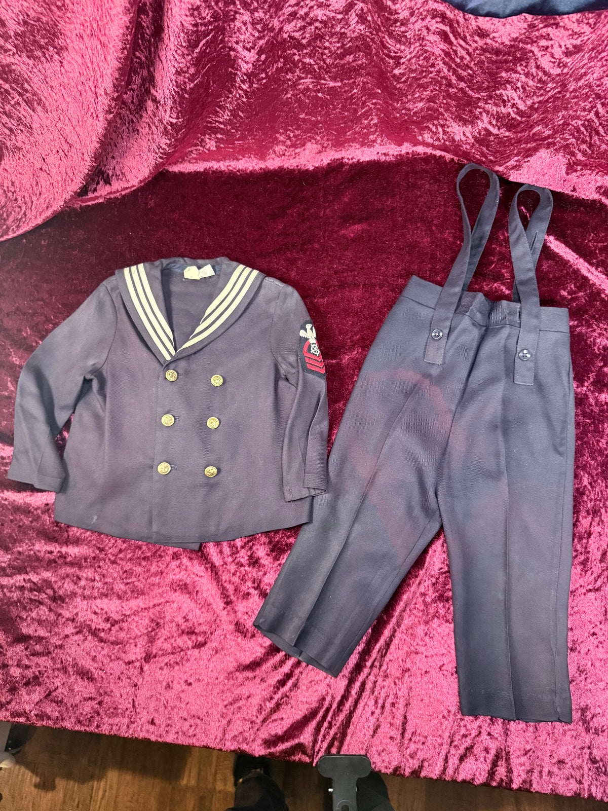 Vintage Childrens Cracker Jack Sailor Uniform - Jacket and Pants - Nautical Gold Buttons and Crest Detail - R. Gee Made in USA - 8T