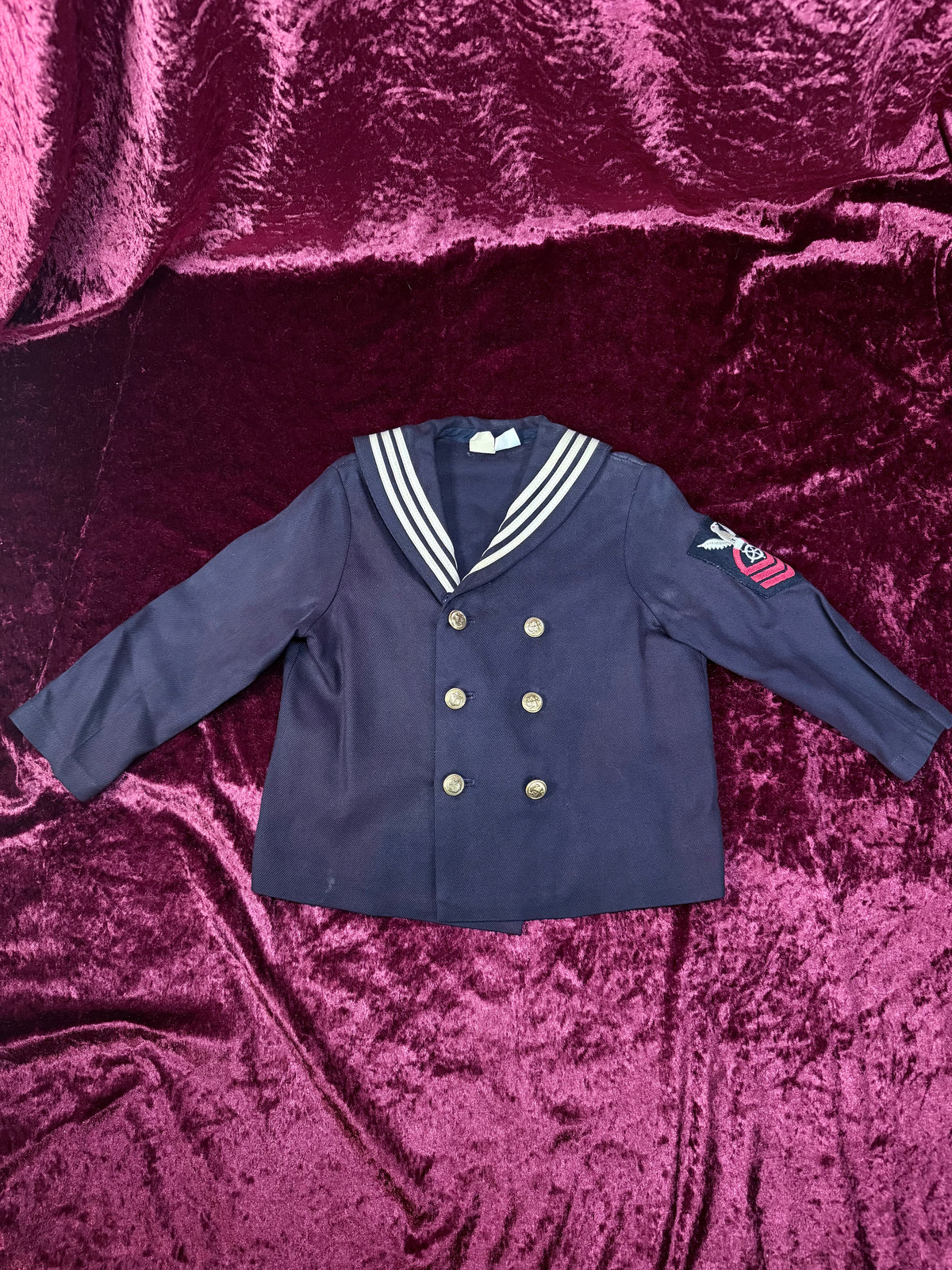 Vintage Childrens Cracker Jack Sailor Uniform - Jacket and Pants - Nautical Gold Buttons and Crest Detail - R. Gee Made in USA - 8T