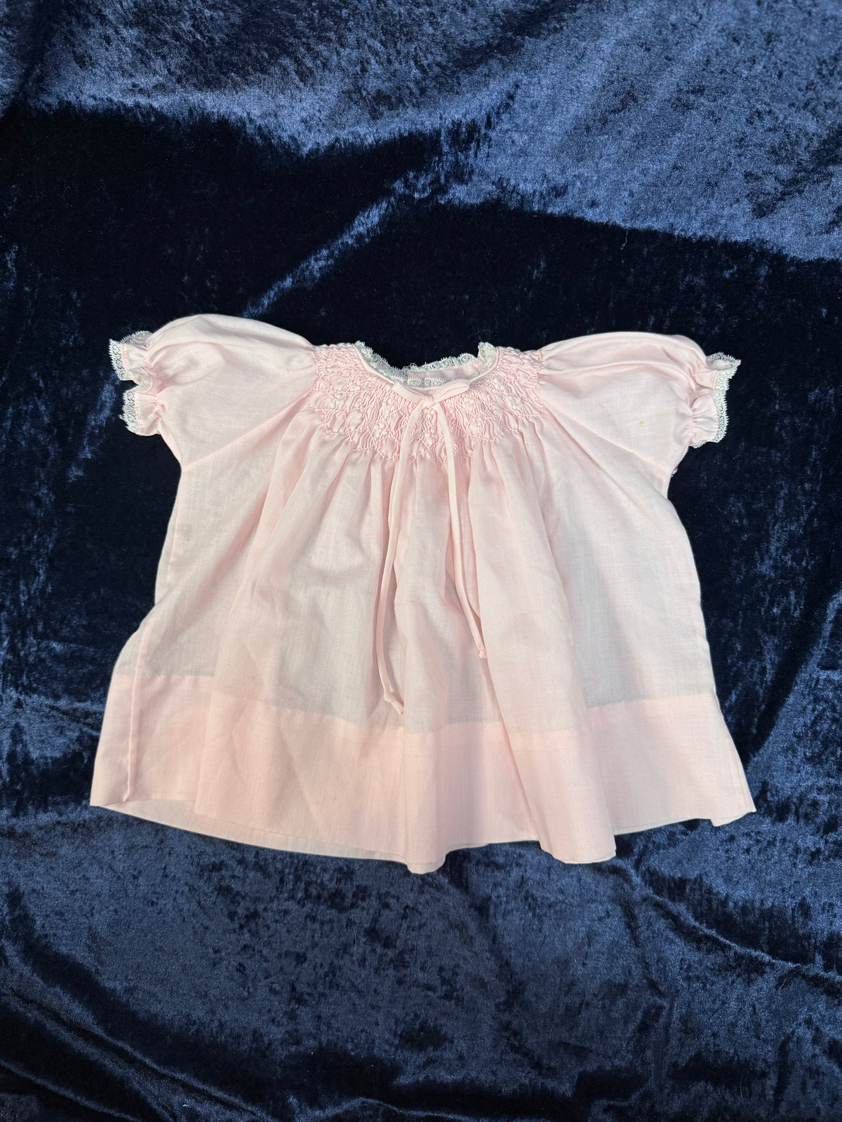 Vintage Cotton Miniature Dress - Pink Smocked Gown with Lace Trim - Cherubs