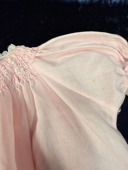 Vintage Cotton Miniature Dress - Pink Smocked Gown with Lace Trim - Cherubs