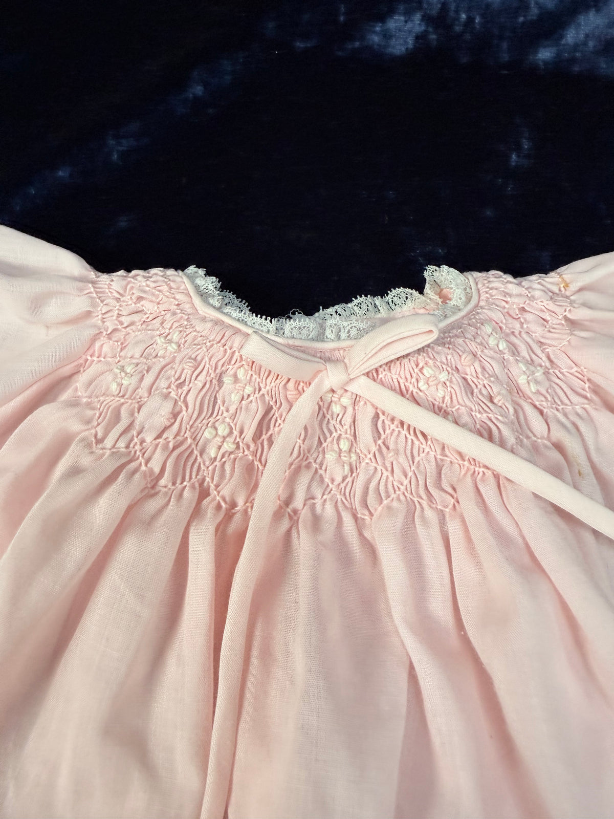 Vintage Cotton Miniature Dress - Pink Smocked Gown with Lace Trim - Cherubs