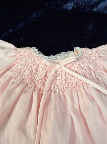 Vintage Cotton Miniature Dress - Pink Smocked Gown with Lace Trim - Cherubs