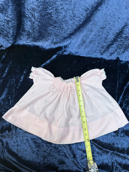 Vintage Cotton Miniature Dress - Pink Smocked Gown with Lace Trim - Cherubs
