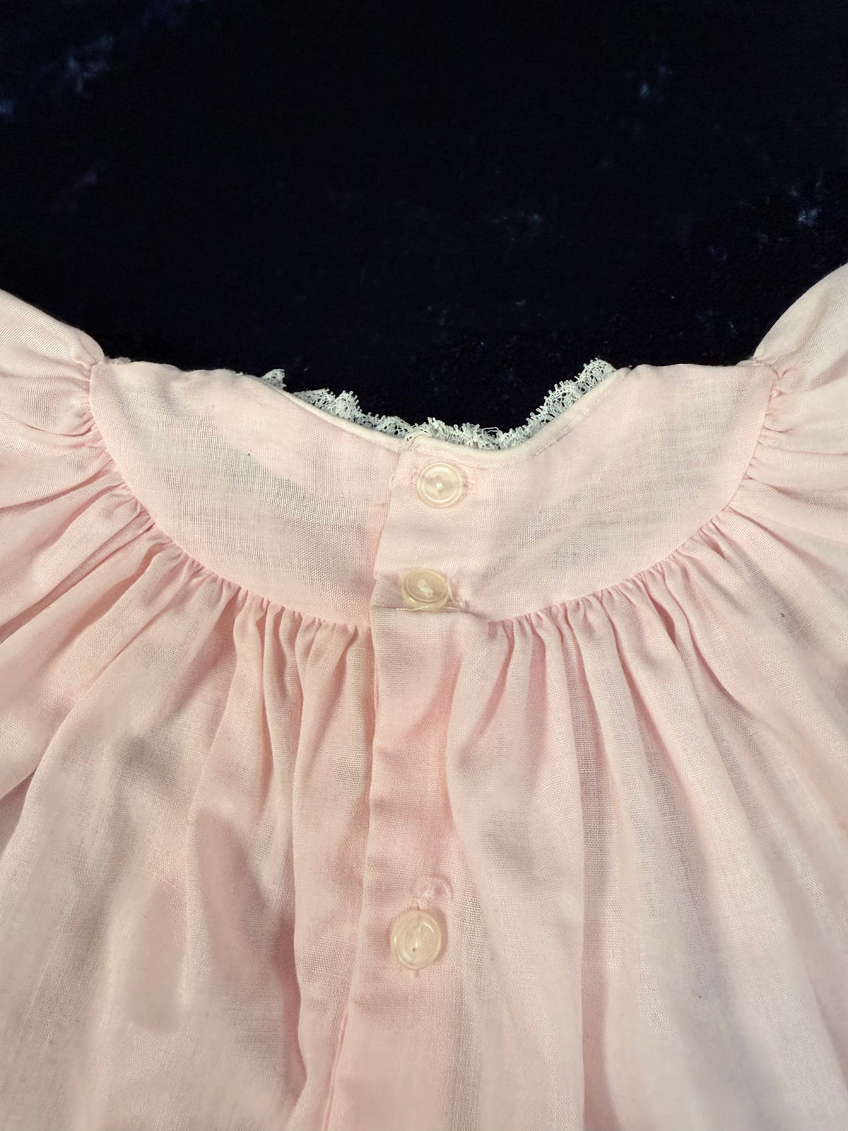 Vintage Cotton Miniature Dress - Pink Smocked Gown with Lace Trim - Cherubs