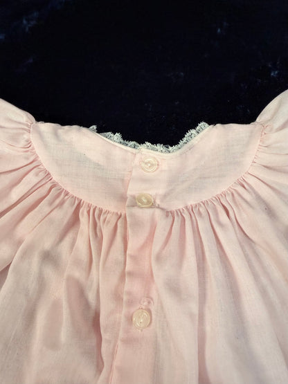 Vintage Cotton Miniature Dress - Pink Smocked Gown with Lace Trim - Cherubs
