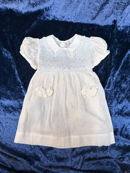Vintage Heirloom Baby Dress - Pastel Smocked Bodice with Lace Trim - Nannette Toddlers