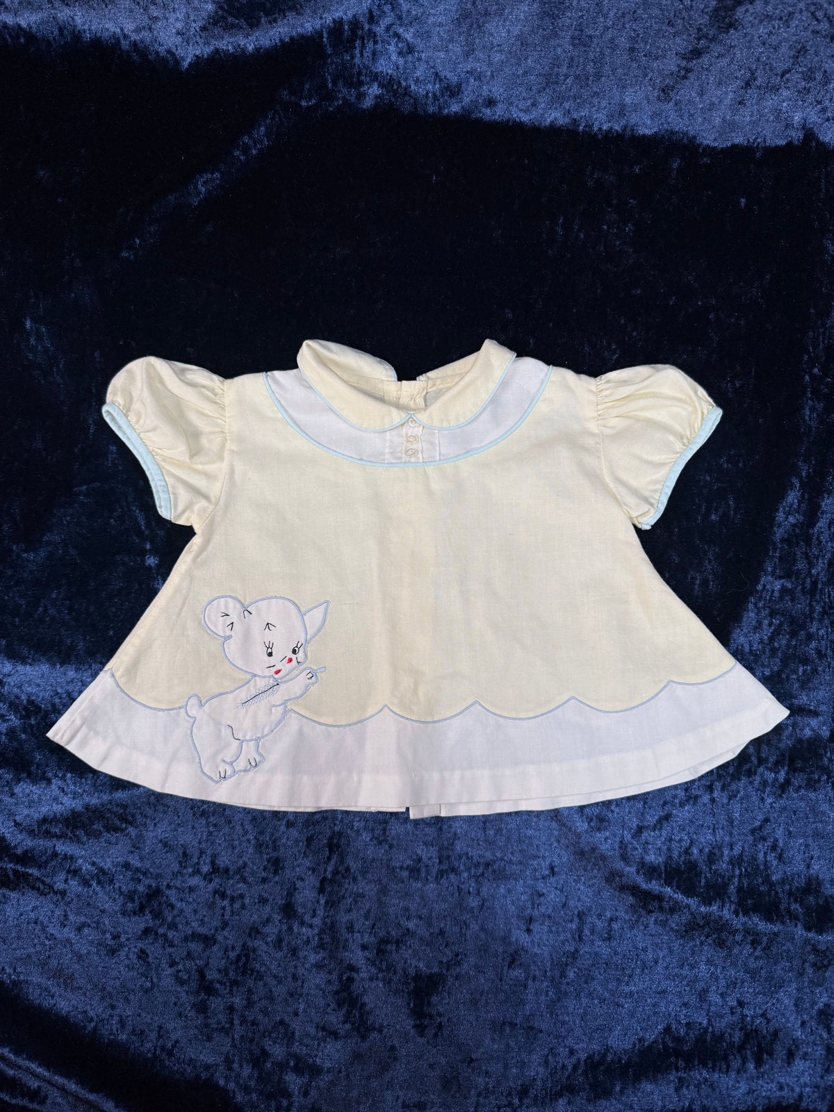 Vintage Baby Dress - Pale Yellow with Pale Blue Trim and Cat Embroidery