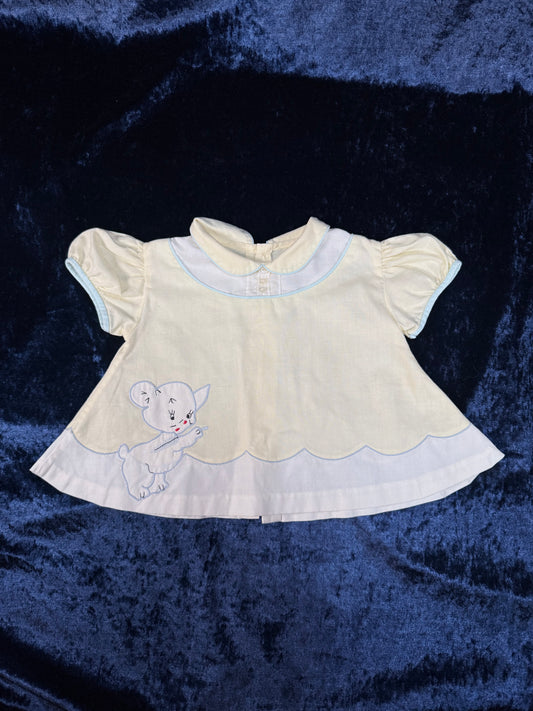 Vintage Baby Dress - Pale Yellow with Pale Blue Trim and Cat Embroidery
