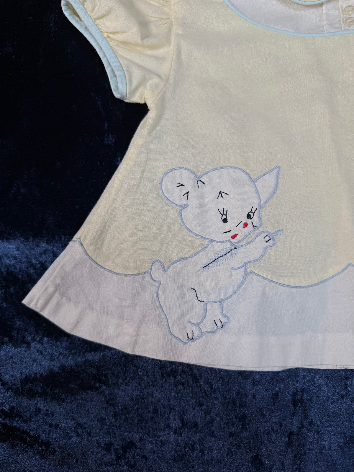 Vintage Baby Dress - Pale Yellow with Pale Blue Trim and Cat Embroidery