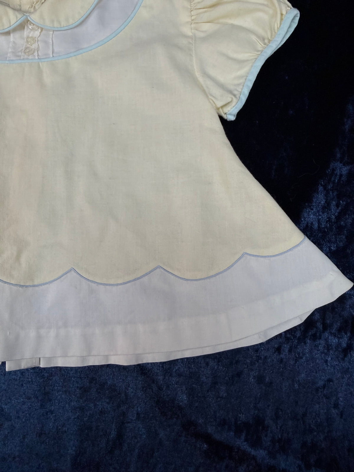 Vintage Baby Dress - Pale Yellow with Pale Blue Trim and Cat Embroidery