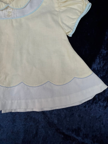 Vintage Baby Dress - Pale Yellow with Pale Blue Trim and Cat Embroidery