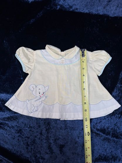 Vintage Baby Dress - Pale Yellow with Pale Blue Trim and Cat Embroidery