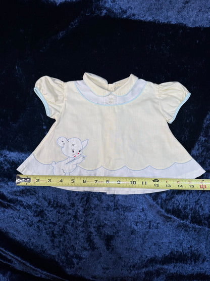 Vintage Baby Dress - Pale Yellow with Pale Blue Trim and Cat Embroidery