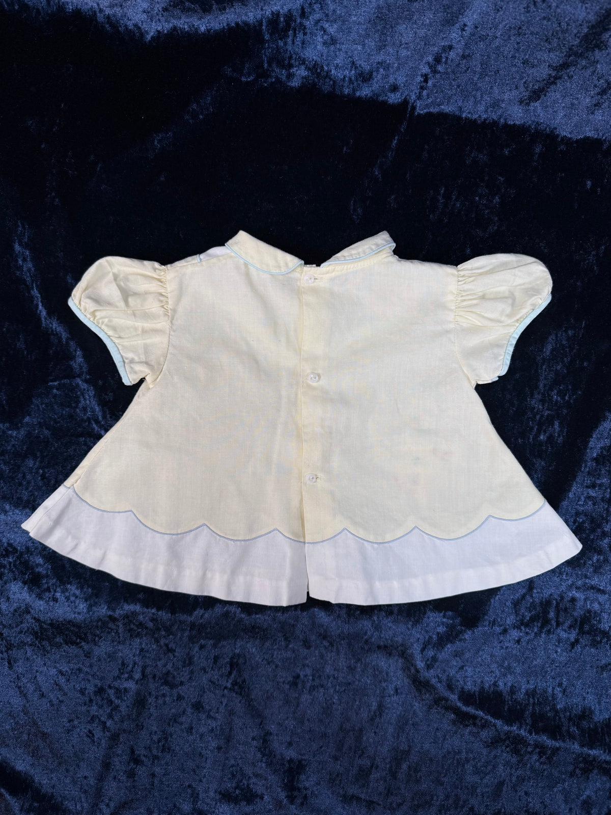 Vintage Baby Dress - Pale Yellow with Pale Blue Trim and Cat Embroidery