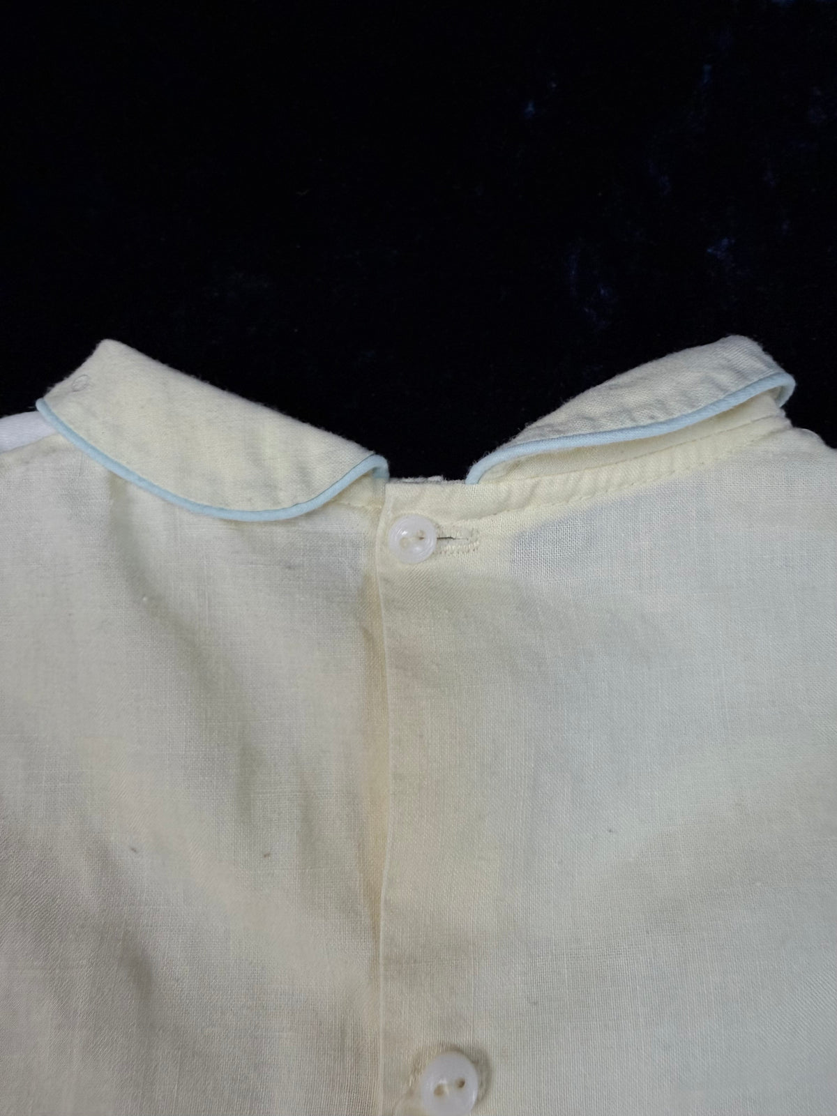 Vintage Baby Dress - Pale Yellow with Pale Blue Trim and Cat Embroidery