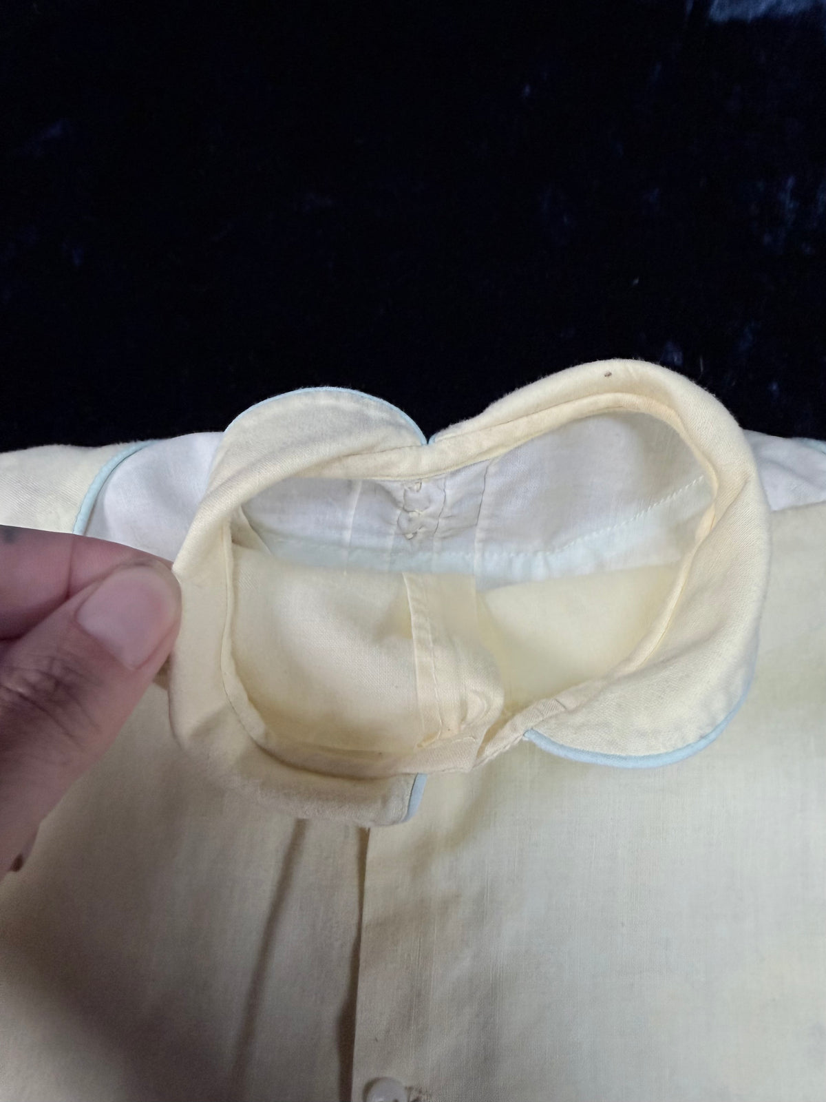 Vintage Baby Dress - Pale Yellow with Pale Blue Trim and Cat Embroidery