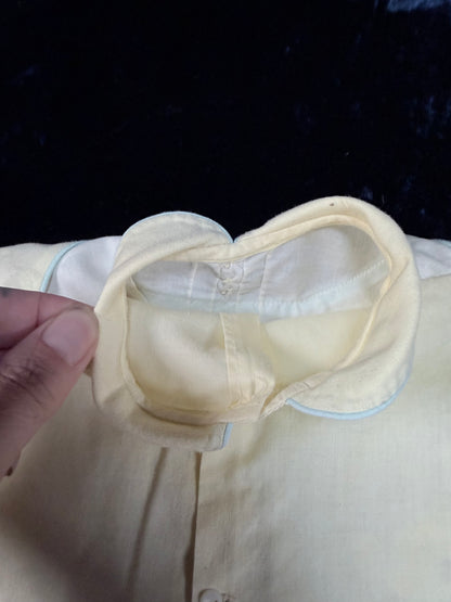 Vintage Baby Dress - Pale Yellow with Pale Blue Trim and Cat Embroidery