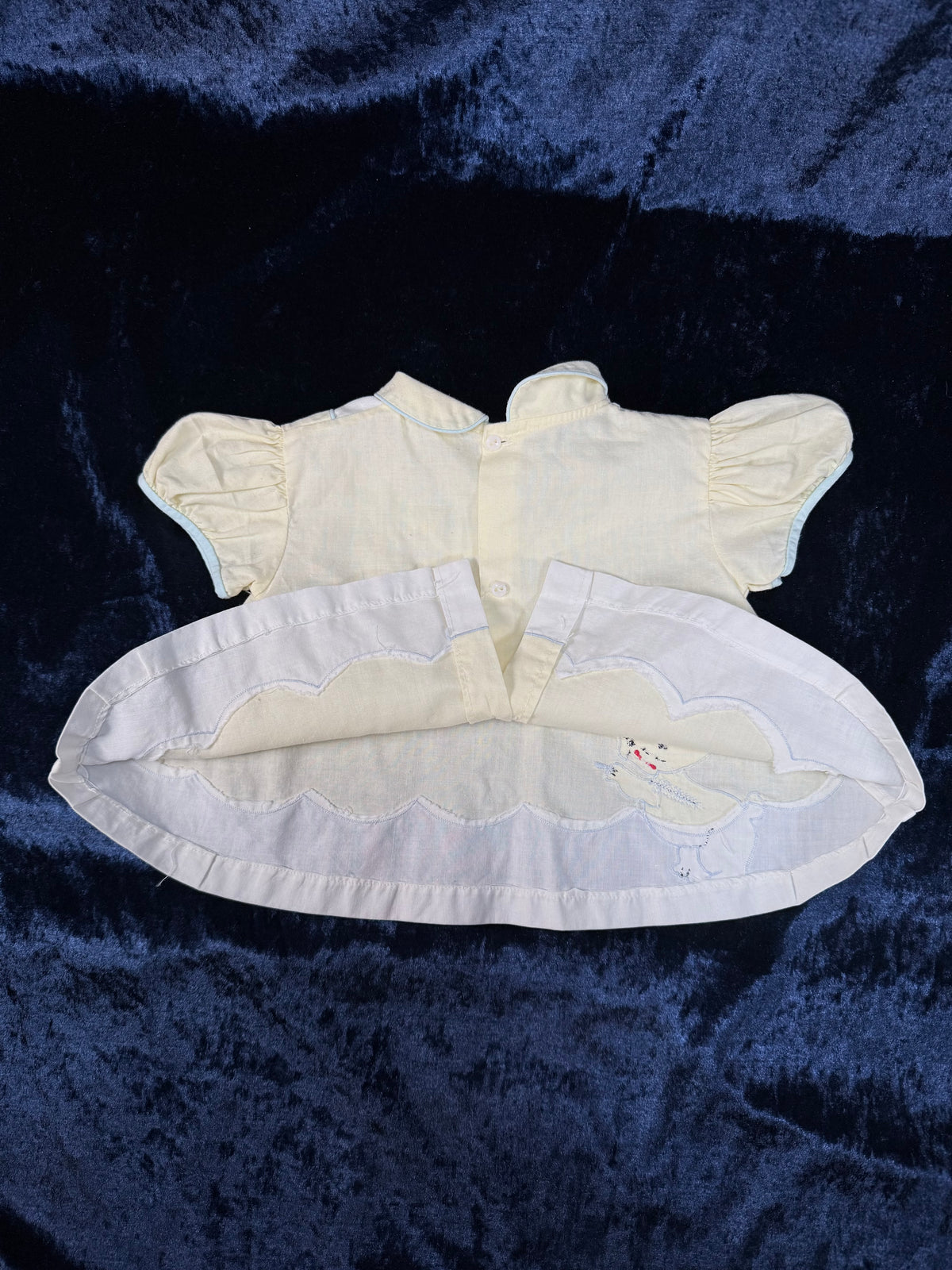 Vintage Baby Dress - Pale Yellow with Pale Blue Trim and Cat Embroidery