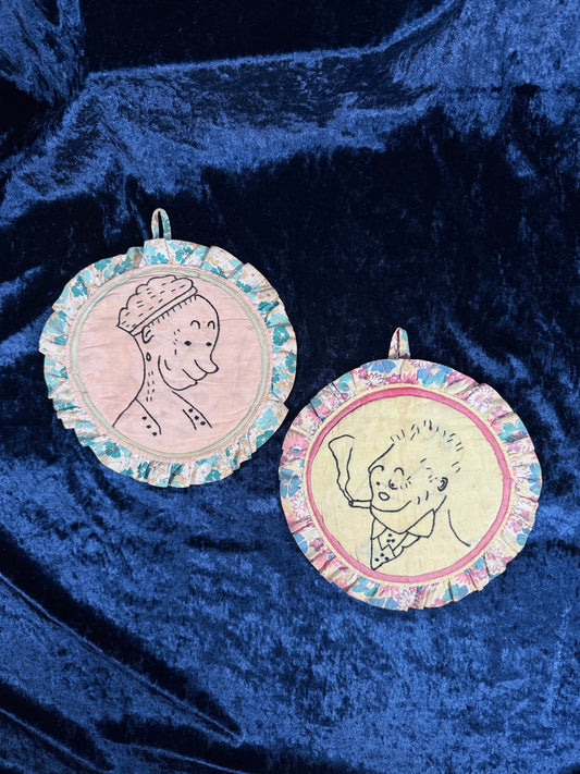 Vintage Fabric Pot Holders - Hand Embroidered Black Line Portrait Set
