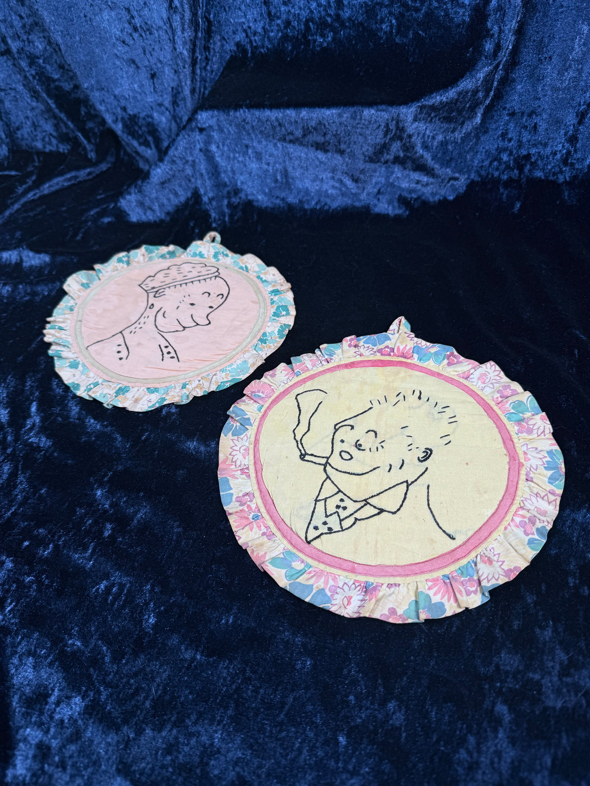 Vintage Fabric Pot Holders - Hand Embroidered Black Line Portrait Set