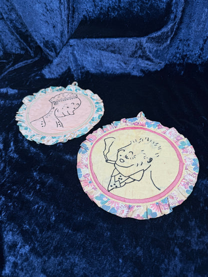 Vintage Fabric Pot Holders - Hand Embroidered Black Line Portrait Set