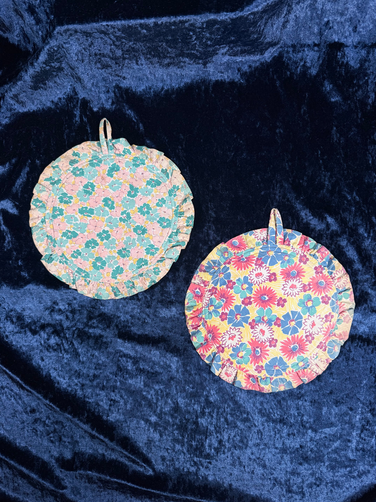Vintage Fabric Pot Holders - Hand Embroidered Black Line Portrait Set