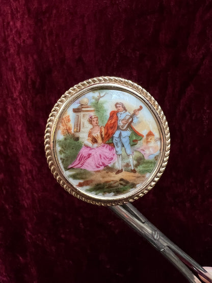 Antique Limoges Porcelain Brooch - Gallant Courting Scene in Gold Tone Frame