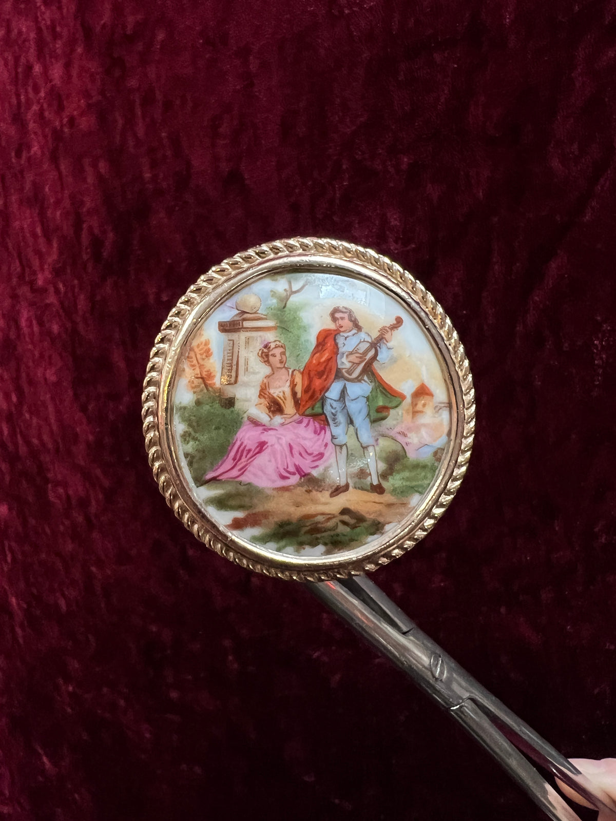 Antique Limoges Porcelain Brooch - Gallant Courting Scene in Gold Tone Frame