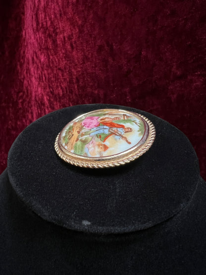 Antique Limoges Porcelain Brooch - Gallant Courting Scene in Gold Tone Frame