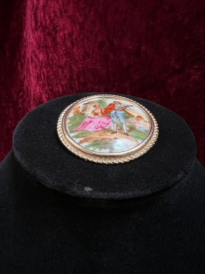 Antique Limoges Porcelain Brooch - Gallant Courting Scene in Gold Tone Frame