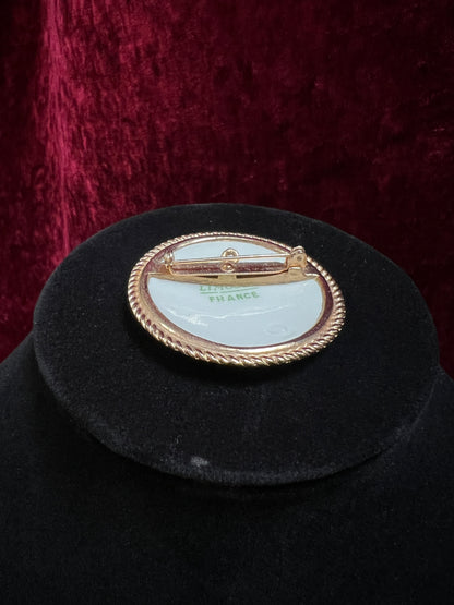 Antique Limoges Porcelain Brooch - Gallant Courting Scene in Gold Tone Frame