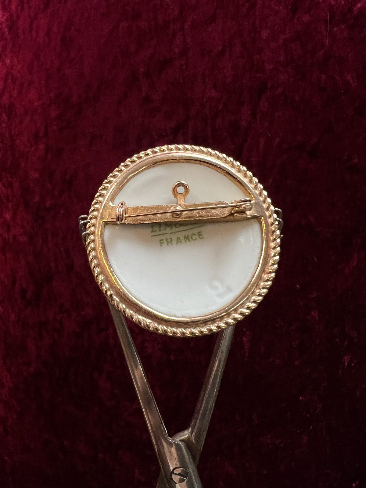 Antique Limoges Porcelain Brooch - Gallant Courting Scene in Gold Tone Frame