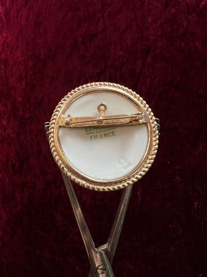 Antique Limoges Porcelain Brooch - Gallant Courting Scene in Gold Tone Frame