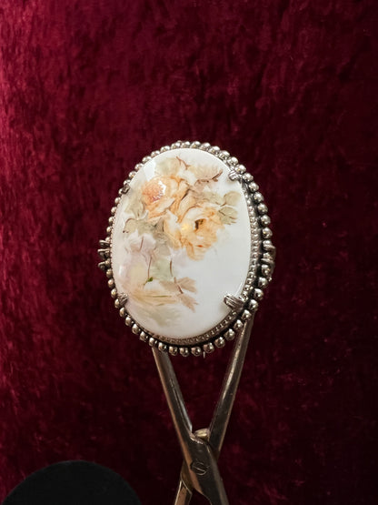 Vintage Ceramic Brooch - Peach Rose Bouquet and Silver Tone Beads Frame