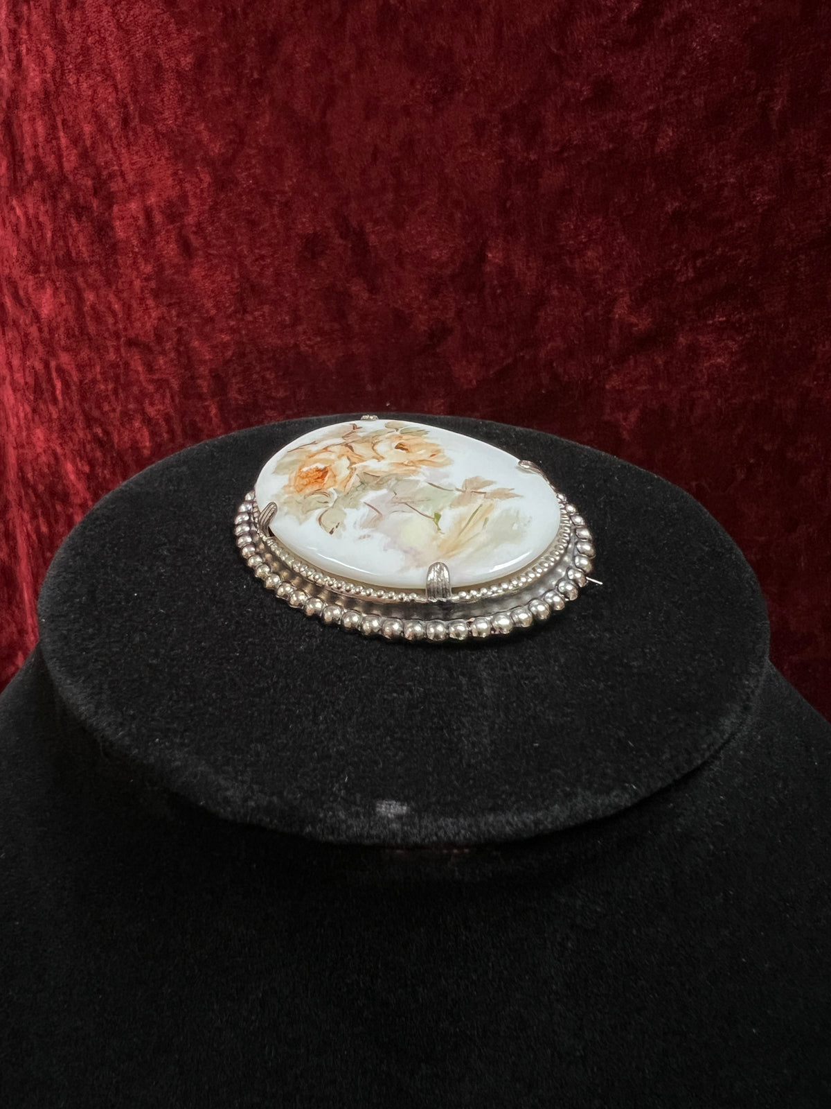 Vintage Ceramic Brooch - Peach Rose Bouquet and Silver Tone Beads Frame