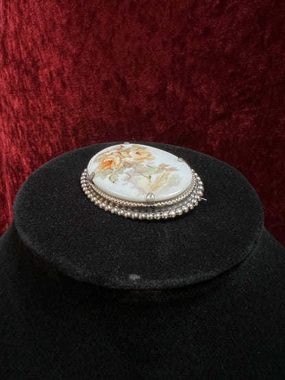 Vintage Ceramic Brooch - Peach Rose Bouquet and Silver Tone Beads Frame