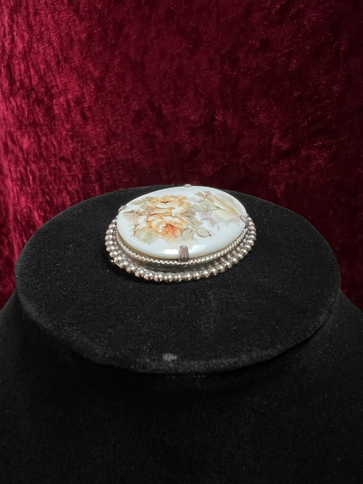 Vintage Ceramic Brooch - Peach Rose Bouquet and Silver Tone Beads Frame