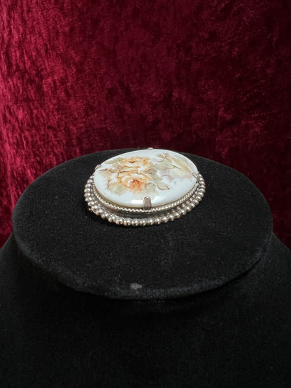 Vintage Ceramic Brooch - Peach Rose Bouquet and Silver Tone Beads Frame