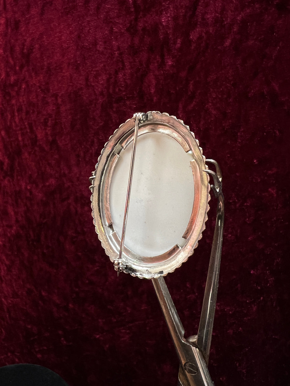 Vintage Ceramic Brooch - Peach Rose Bouquet and Silver Tone Beads Frame