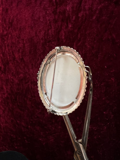 Vintage Ceramic Brooch - Peach Rose Bouquet and Silver Tone Beads Frame