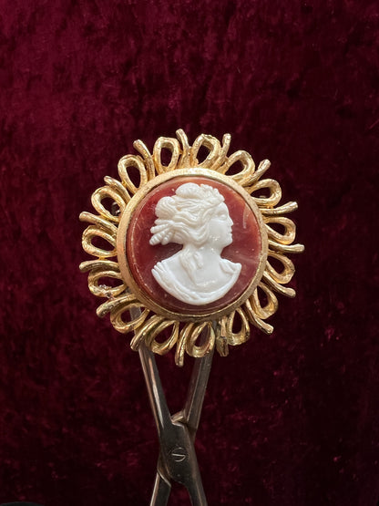 Vintage Gold Tone Metal Cameo Brooch - 1970s Victorian Reproduction
