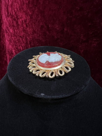 Vintage Gold Tone Metal Cameo Brooch - 1970s Victorian Reproduction